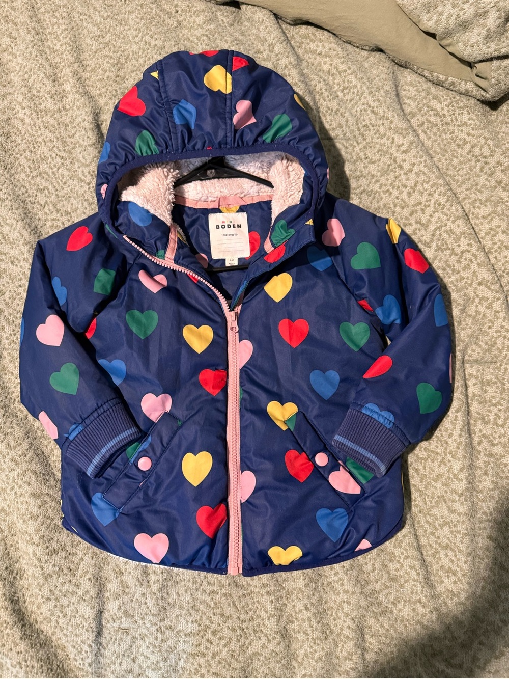 Mini Boden Navy Hooded Puffer Jacket with Multicolor Hearts
